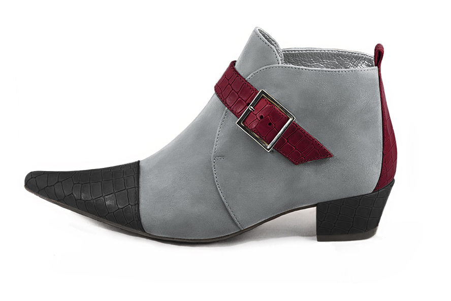 Dark grey and burgundy red women's ankle boots with buckles at the front. Pointed toe. Low cone heels. Profile view - Florence KOOIJMAN